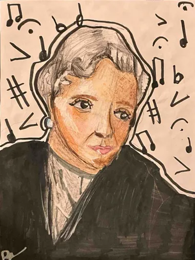 Florence Price in ink and watercolor, ringed by hand-drawn musical notes, sharps and rests