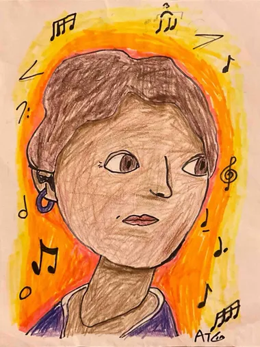 Florence Price in colored pencil against a radiating orange and yellow halo, with a treble clef and scattered notes